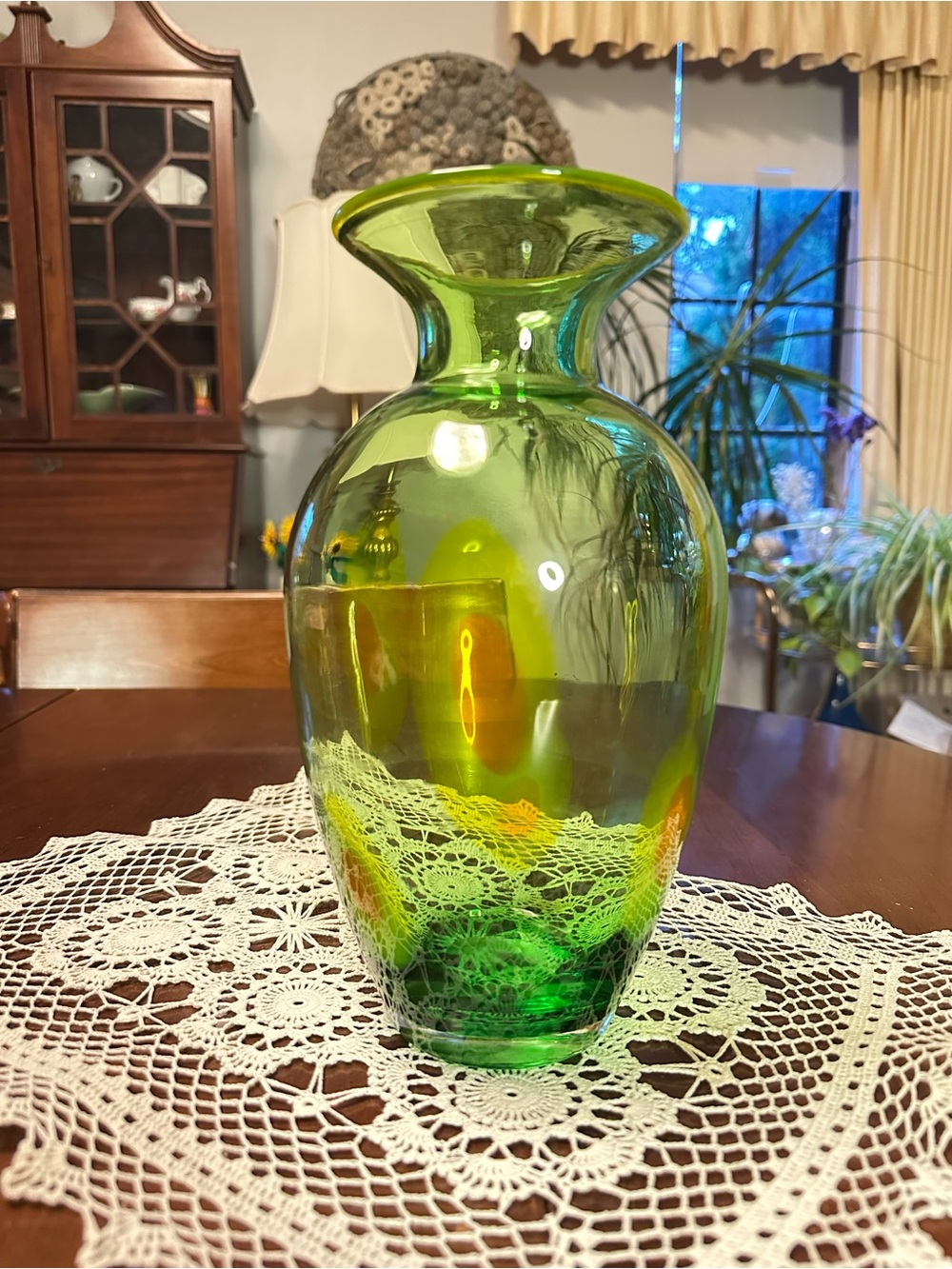 Green Art Glass Vase Olive Spots MCM Style 10” Hand Blown